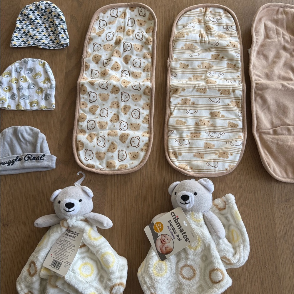 Baby Bear Lovey, Hat, and Burp Cloth Set